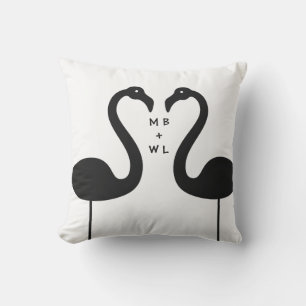 Monogram Kissing Flamingos White Outdoor Pillow