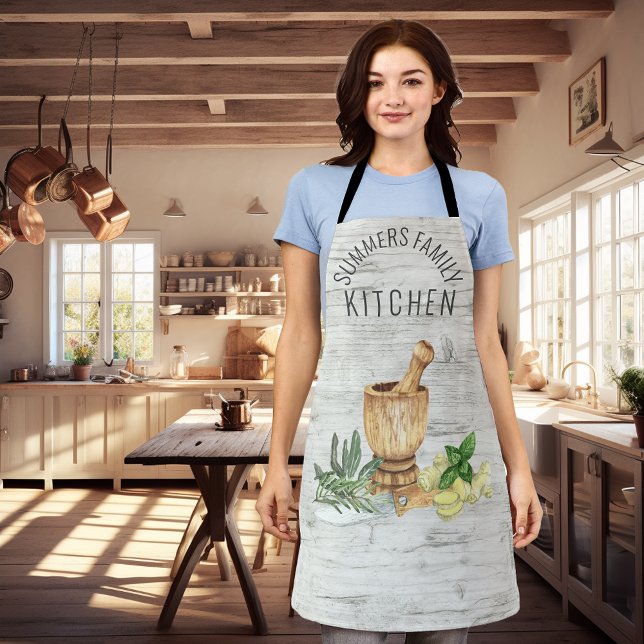 Monogram Kitchen Herb Wood Family Name Apron (Creator Uploaded)