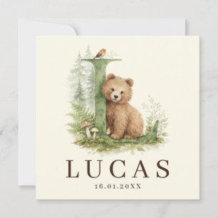 Monogram L Beer Neutral Forest Animal Boy Birth Card