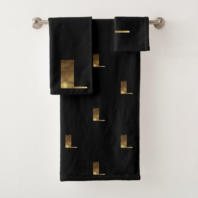 Monogram L Black and Gold Look Elegant Typography Bath Towel Set (Insitu)