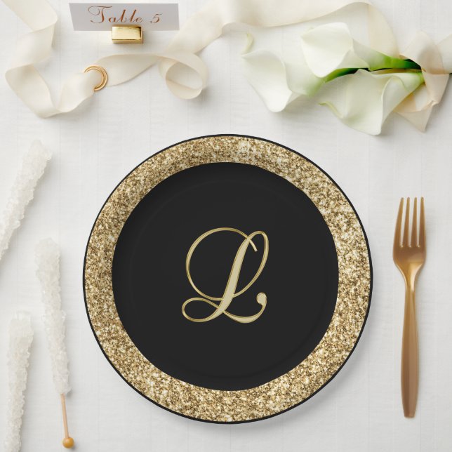 Monogram L gold script Paper Plate (Wedding)