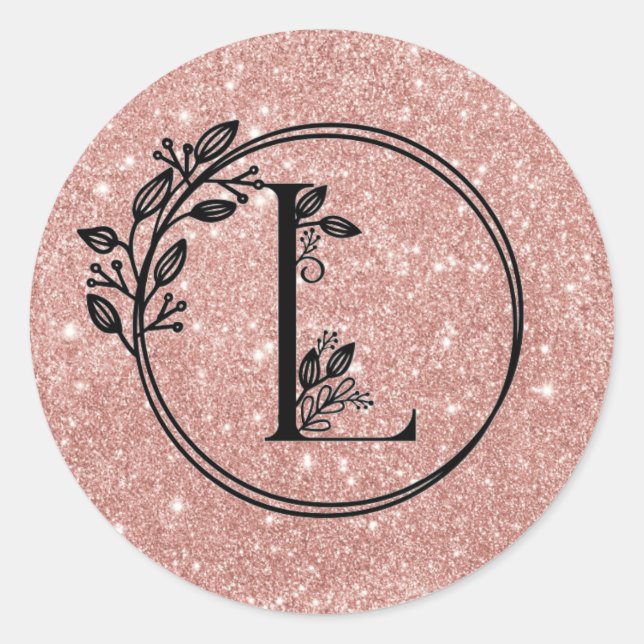 Monogram L Rose Gold Blush Pink Glitter Floral Classic Round Sticker (Front)