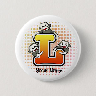 Monogram L Sock Monkey  2 Inch Round Button