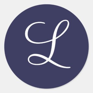 Monogram L, White on Navy Blue, Classic Round Sticker