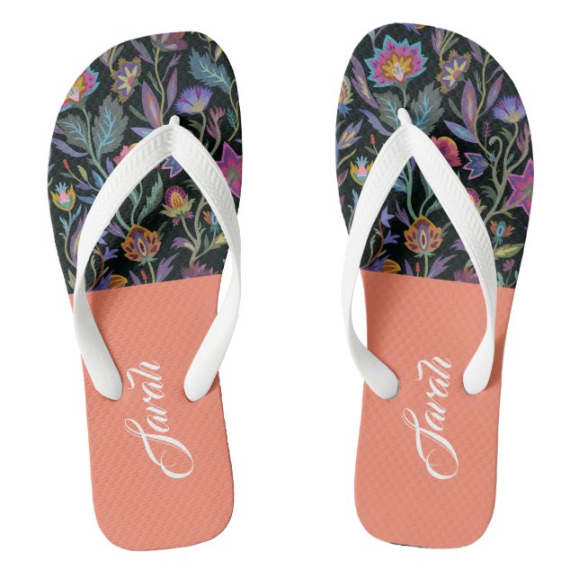 Monogram l William Morris l Black Blue Pink Script Flip Flops (Footbed)