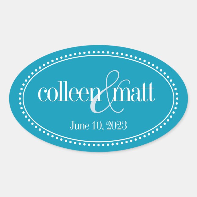 Monogram Label, Aqua, Caroline Wedding Oval Sticker (Front)