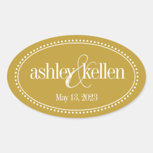Monogram Label, Gold, Caroline Wedding Oval Sticker