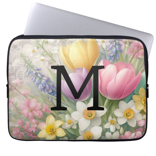 Monogram lace floral pastel pink tulips daffodils  laptop sleeve (Front)