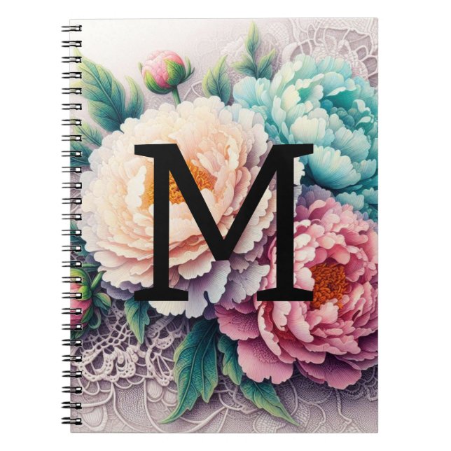 Monogram lace floral pink orange blue peonies  notebook (Front)