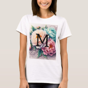 Monogram lace floral pink orange blue peonies  T-Shirt