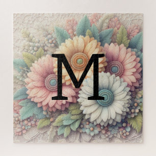 Monogram lace floral pink orange gerbera daisies jigsaw puzzle