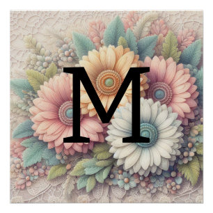 Monogram lace floral pink orange gerbera daisies poster