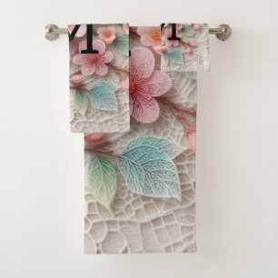Monogram lace floral pink pastel cherry blossom bath towel set