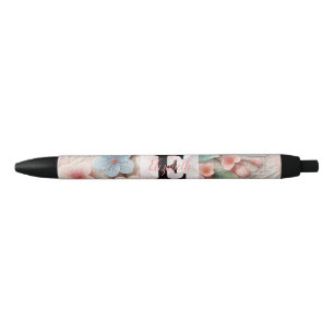 Monogram lace floral pink pastel cherry blossom  black ink pen