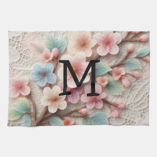 Monogram lace floral pink pastel cherry blossom kitchen towel