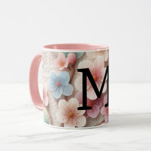 Monogram lace floral pink pastel cherry blossom mug