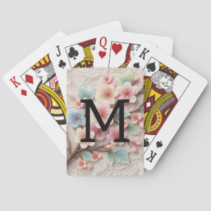 Monogram lace floral pink pastel cherry blossom playing cards