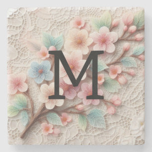 Monogram lace floral pink pastel cherry blossom stone coaster