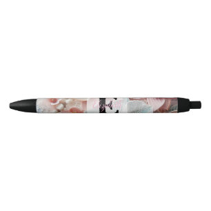 Monogram lace floral pink pastel orchid flowers  black ink pen