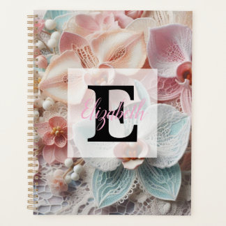 Monogram lace floral pink pastel orchid flowers  planner