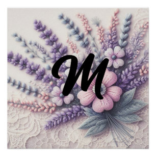 Monogram lace floral pink purple blue lavender  poster