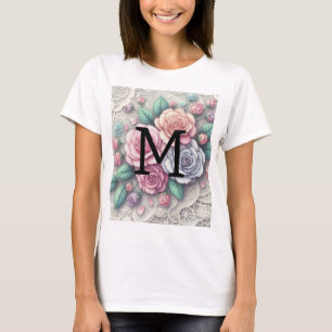 Monogram lace floral pink purple blue roses T-Shirt