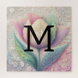 Monogram lace floral pink purple blue tulip flower jigsaw puzzle