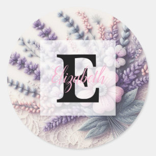Monogram lace floral pink purple lavender  classic round sticker