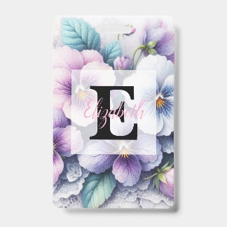 Monogram lace floral pink purple pansies flowers  badge