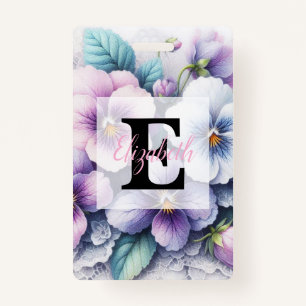 Monogram lace floral pink purple pansies flowers  badge