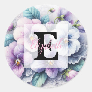 Monogram lace floral pink purple pansies flowers  classic round sticker