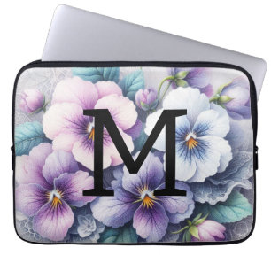 Monogram lace floral pink purple pansies flowers laptop sleeve