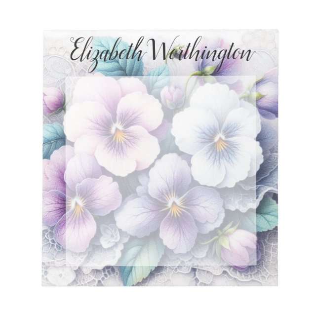 Monogram lace floral pink purple pansies flowers  notepad (Front)