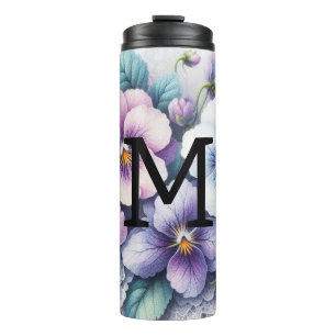 Monogram lace floral pink purple pansies flowers  thermal tumbler