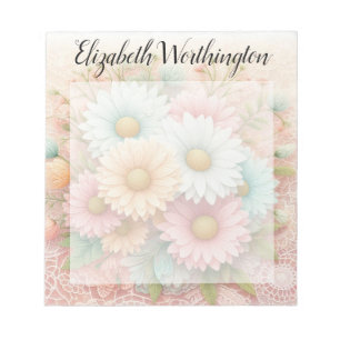Monogram lace floral pink white blue daisies  notepad