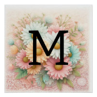 Monogram lace floral pink white blue daisies
