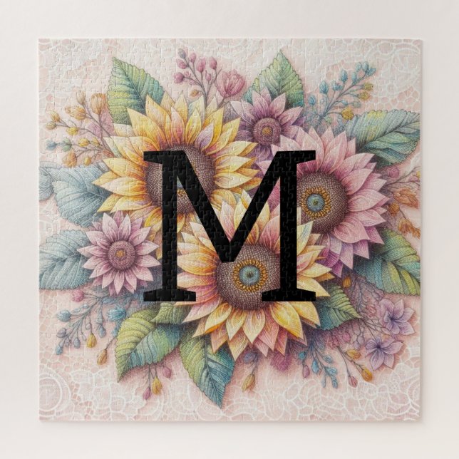 Monogram lace floral pink yellow orange sunflowers jigsaw puzzle (Vertical)