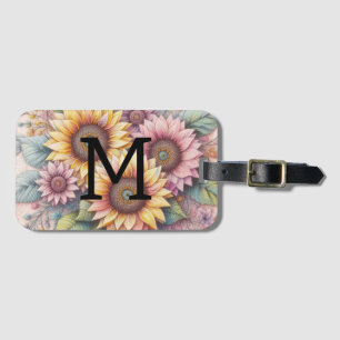 Monogram lace floral pink yellow orange sunflowers luggage tag