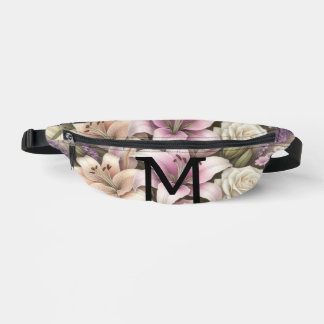 Monogram lace floral purple roses lavender lilies  fanny pack