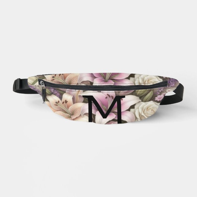 Monogram lace floral purple roses lavender lilies  fanny pack (Front)