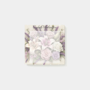 Monogram lace floral purple roses lavender lilies  post-it notes