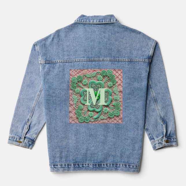 Monogram lace green shamrock St Patrick's day  Denim Jacket (Back)