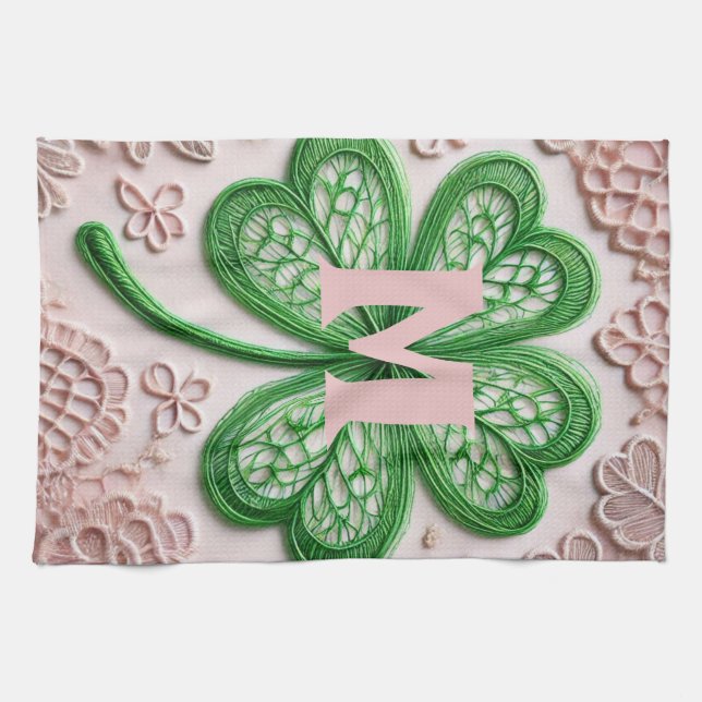 Monogram lace green shamrock St Patrick's day  Kitchen Towel (Horizontal)