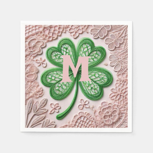 Monogram lace green shamrock St Patrick's day  Napkin (Front)