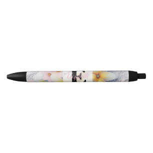 Monogram lace pink and yellow Spring flowers Black Ink Pen