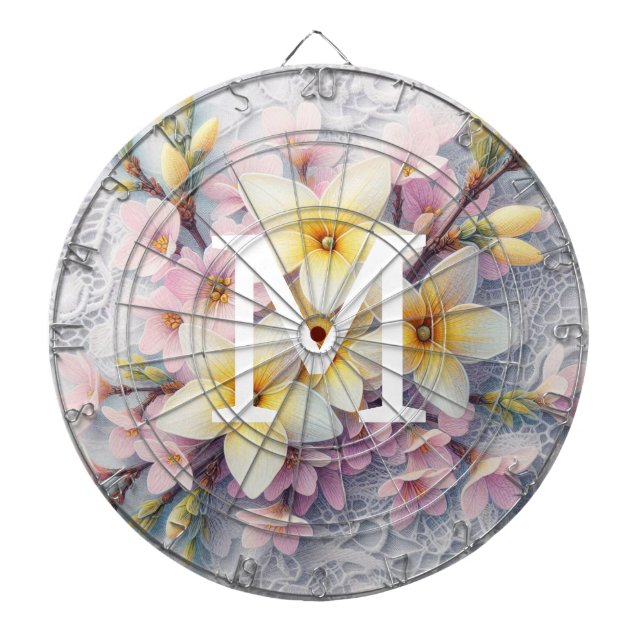 Monogram lace pink and yellow Spring flowers  Dartboard (Front)