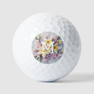Monogram lace pink and yellow Spring flowers  Golf Balls