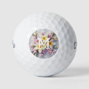 Monogram lace pink and yellow Spring flowers Golf Balls