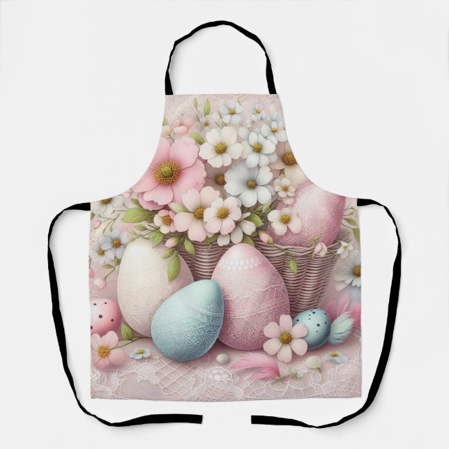 Monogram lace pink floral Easter eggs in a basket  Apron (Front)