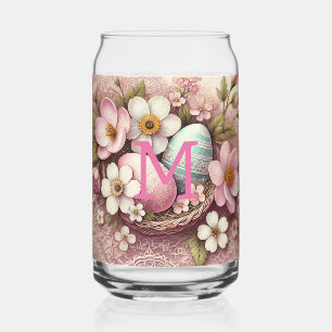 Monogram lace pink floral Easter eggs in a basket  Can Glass